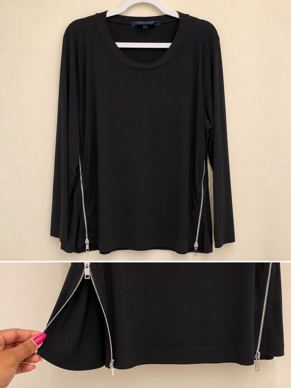 RACHEL Rachel Roy Black Long Sleeve Top with Silver Side Zippers